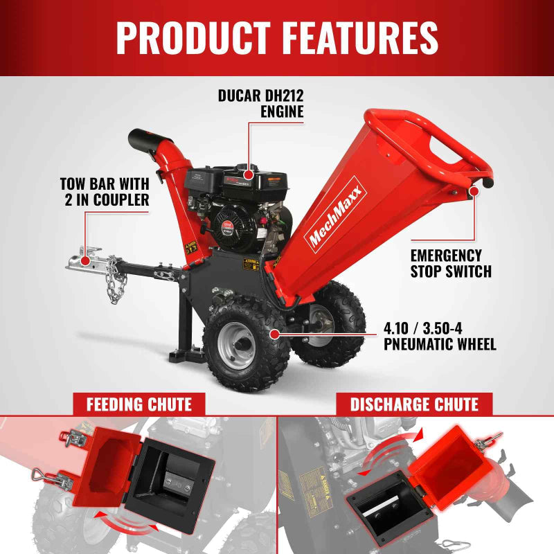 MechMaxx GS650 4" 7hp Gas-Powered, Ducar Wood Chipper with Towbar
