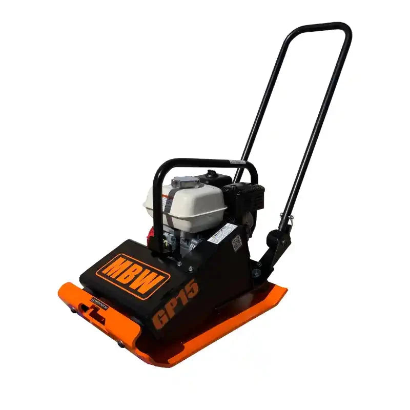 Compact orange and black vibratory plate compactor with white engine and upright black handle on white background