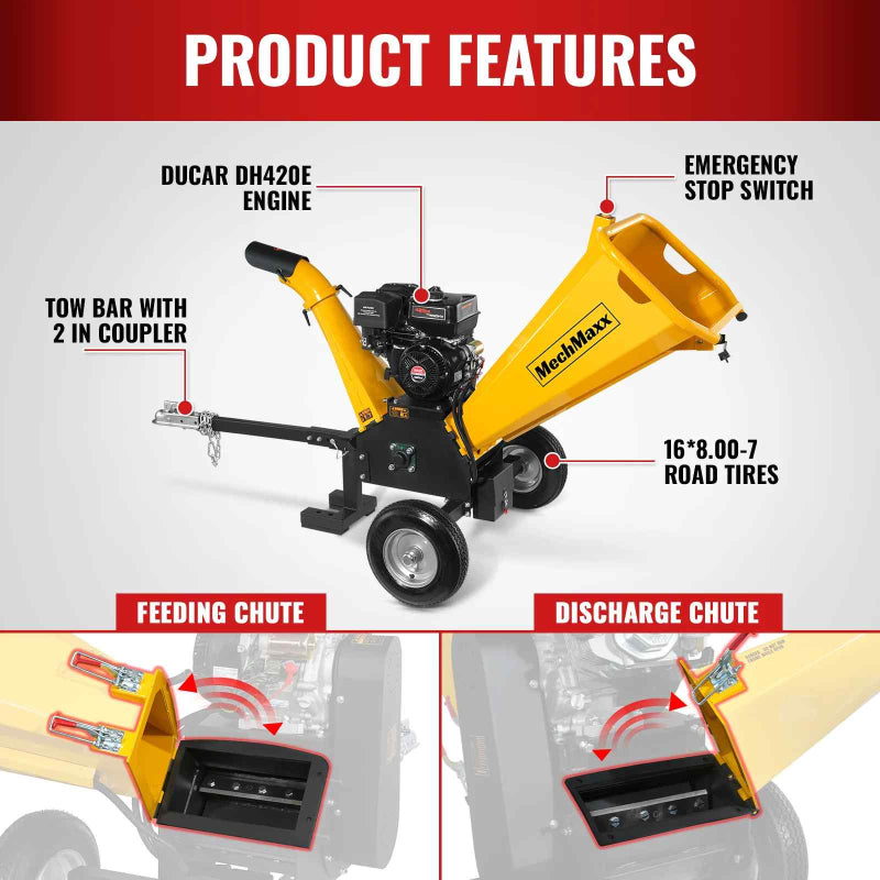 MechMaxx GS1500 15hp Gasoline Engine Self-Feeding Wood Chipper Yellow