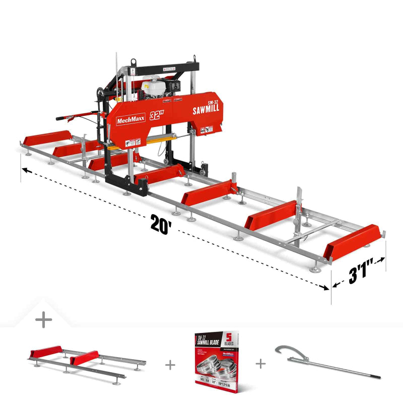 MechMaxx 32" Portable Sawmill, 459cc 15HP E-Start Gasoline Engine