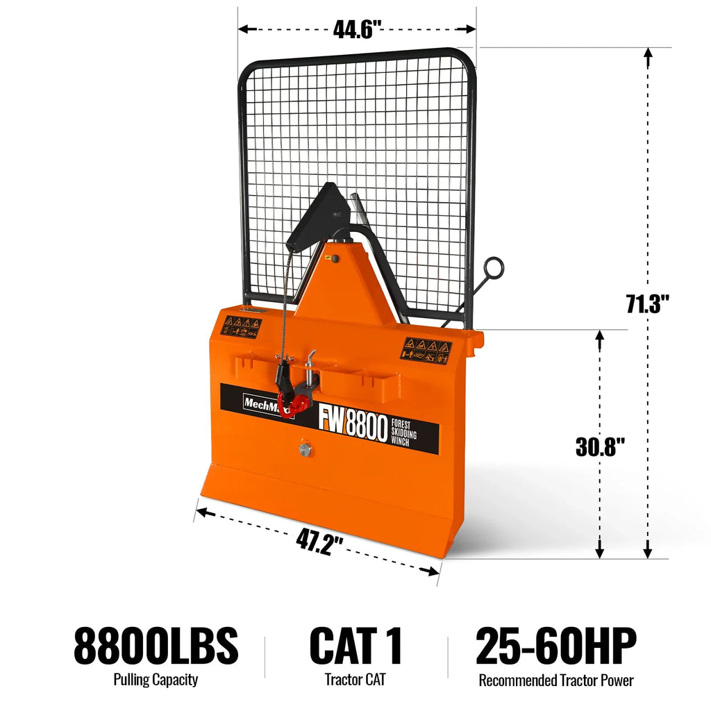 MechMaxx FW8800 8800lb 3-Point Hitch Forestry Logging Winch for 30–50HP Tractors