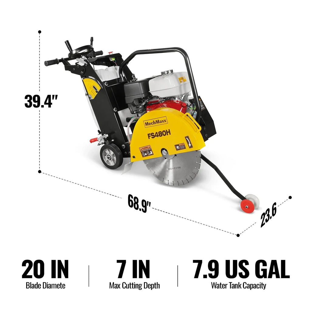 MechMaxx FS480H Honda GX390 Walk-Behind Concrete Floor Saw 20 Inch Blade 7 Inch Cutting Depth