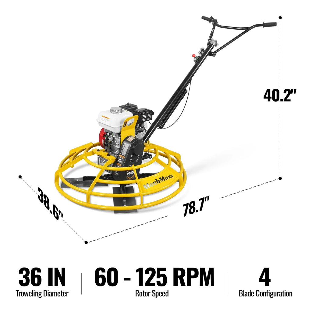 MechMaxx PT36H Honda GX160 36 Inch Walk-Behind Concrete Power Trowel with Blades and Float Pan