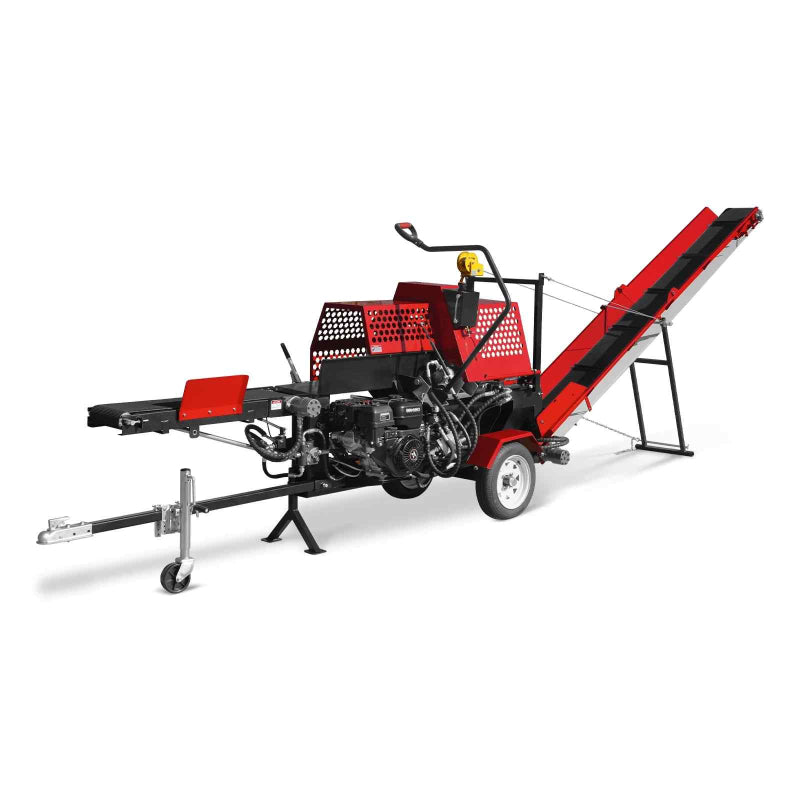 MechMaxx firewood log splitter processor with red conveyor angled upward and black engine, gallery position 1 perspective