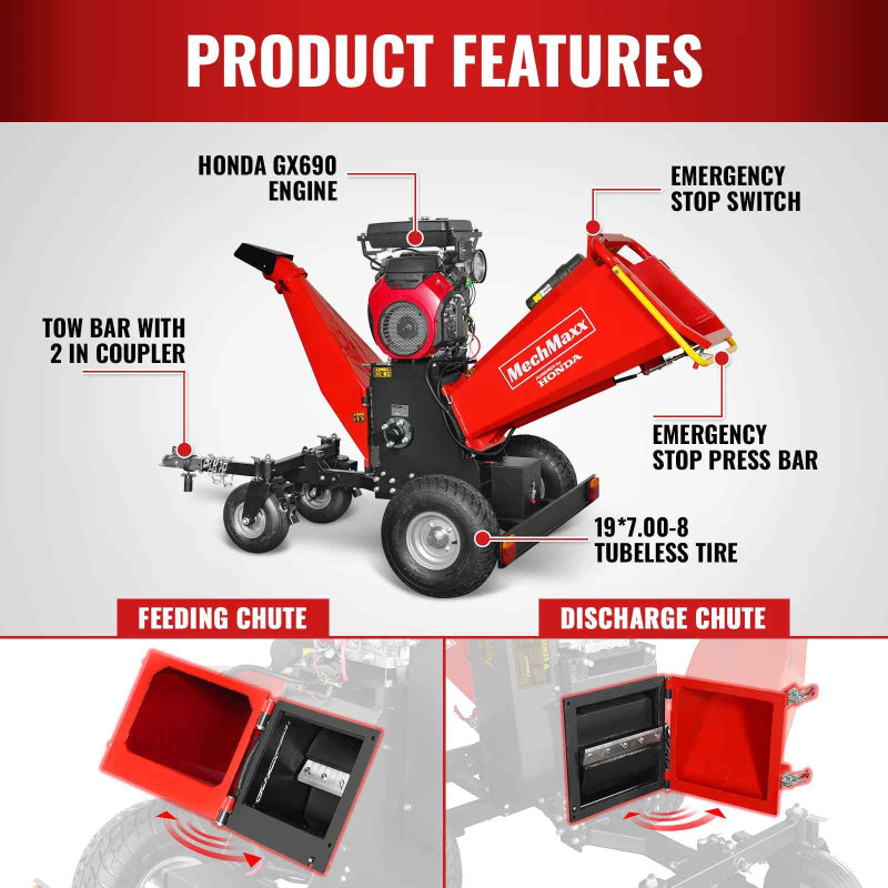 MechMaxx 8 inch HONDA E-Start 688cc Gas Powered Drum Wood Chipper