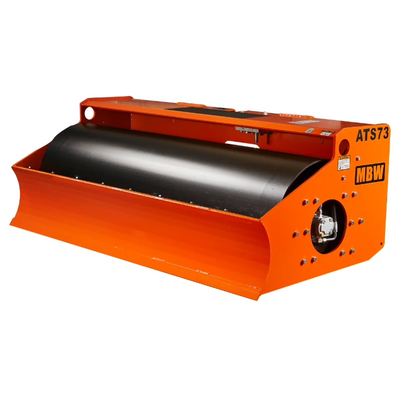 Orange and black skid steer attachment with large smooth cylindrical roller and angled front blade, view from left side