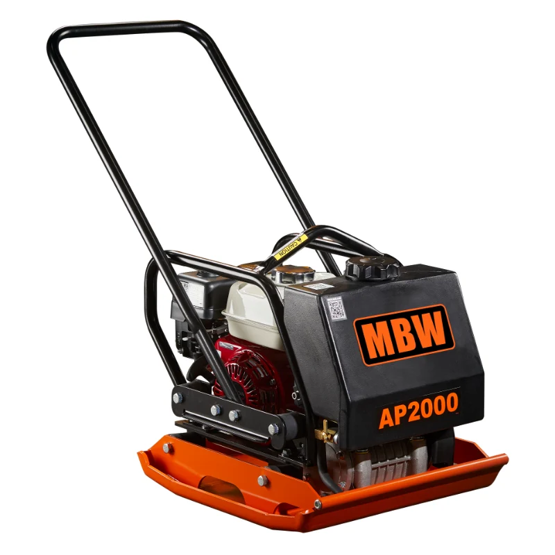 Plate compactor with orange base plate, black protective casing with orange MBW logo, and metal handle frame