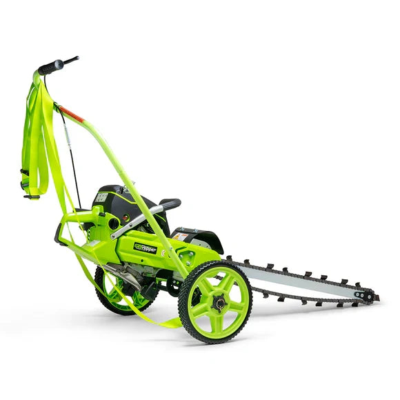 Green portable trencher with extended handle, large wheel, and digging chain on white background