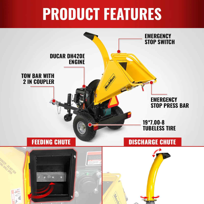 MechMaxx P4205 5-inch E-start Gasoline Engine Powered Disc Wood Chipper