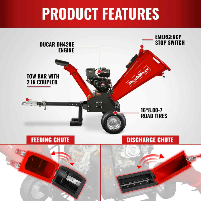 MechMaxx GS1500 5" 15hp Gasoline Engine Self-Feeding Wood Chipper