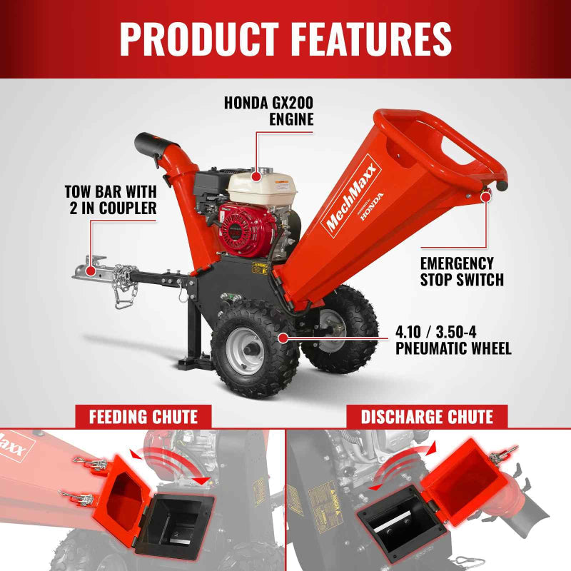 MechMaxx GS650 7hp Gas-Powered, Honda GX200 Wood Chipper with Towbar